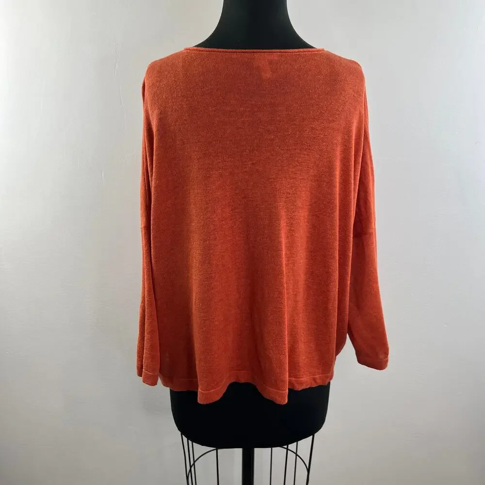 EILEEN FISHER Orange Linen Long Sleeve Bateau Neck Pullover Sweater Size S/M